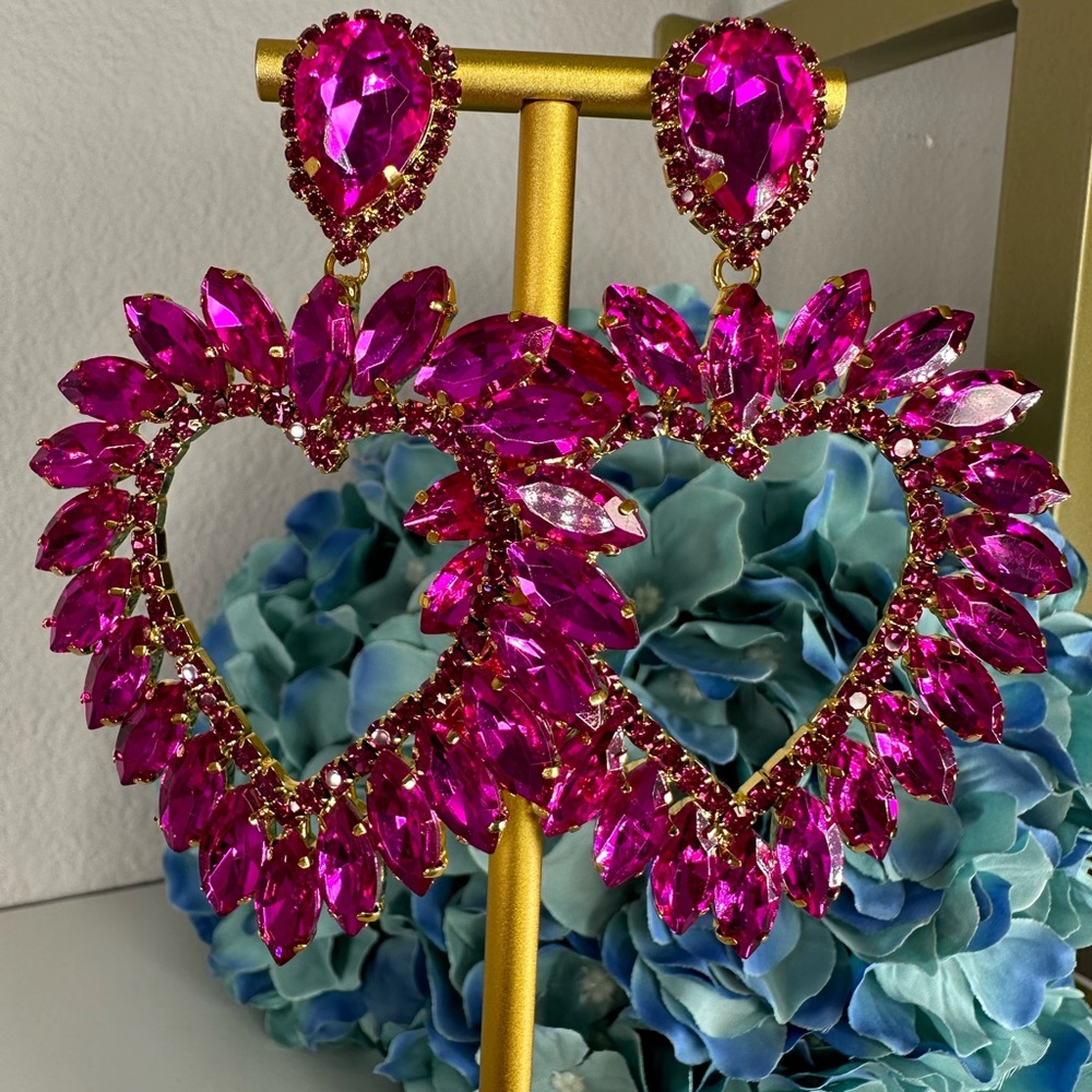 Fabulous Hot Pink Heart Shaped Crystal Drop Earrings